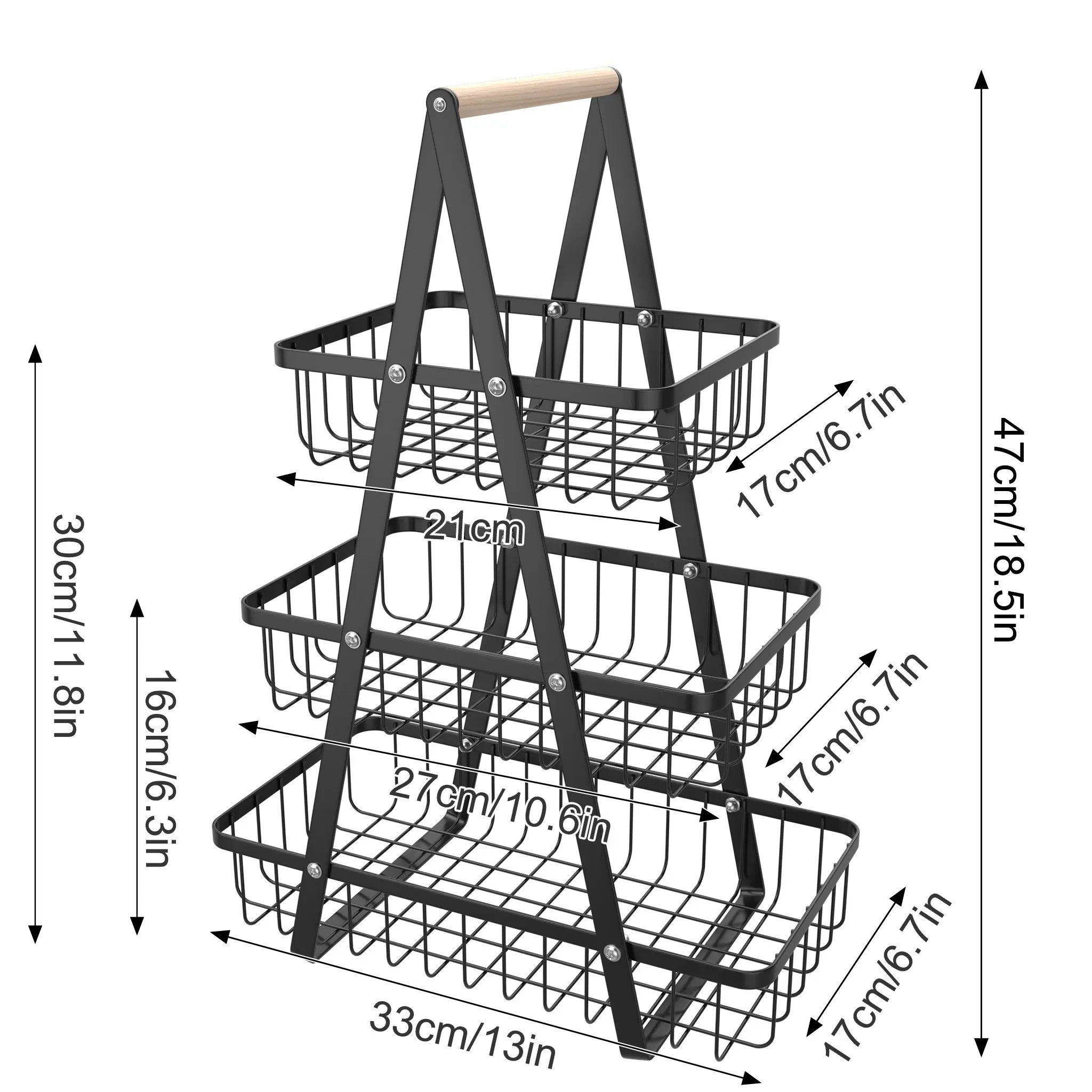 3 Tier Carbon Steel Fruit Stand, Removable Fruit Basket For Fruits, Vegetables And Snacks Black