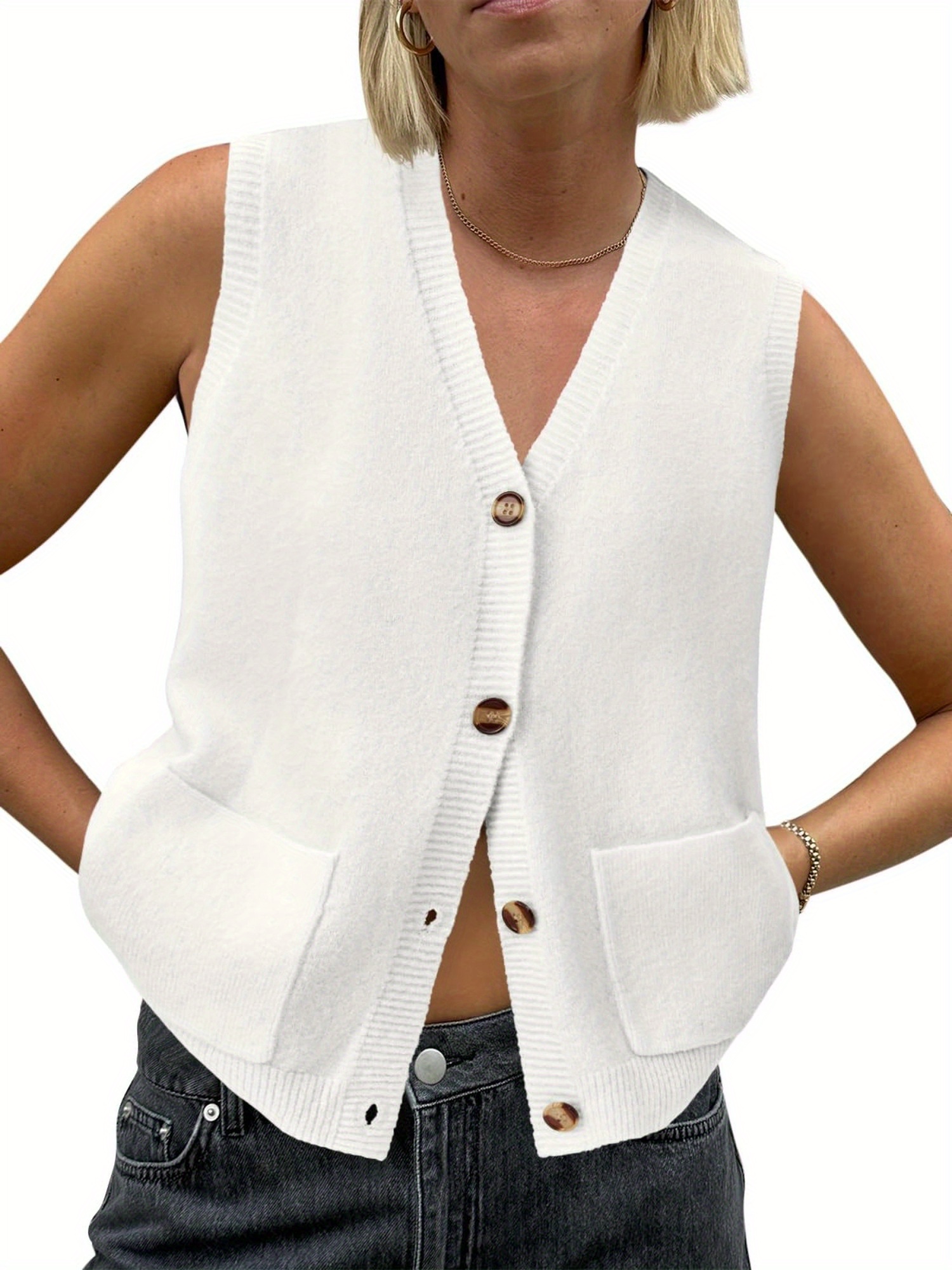 Women's Sleeveless Knit Cardigan Vest Beige Button-Up V-Neck with  Pockets, Casual Summer Fashion, Soft Cable Knit Pattern, Lightweight  Cardigan