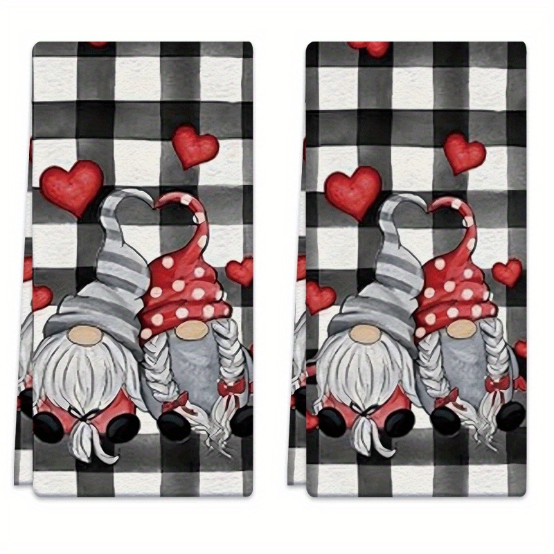 TEMU 2pcs Dish Towels 18x26 Inches Gnome, Heart Pattern Microfiber Absorbent Kitchen Hand Towel, Suitable For , Baking, Bathroom Cleaning, Outdoor Activities, Tea Party Decorations, Household Supplies