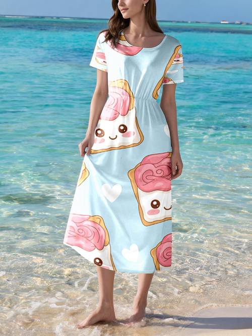 item picture 1pc Women s Pink Toast Print Maxi Dress - Short Sleeve -Line Dress with Full-Length, Round Neck Dress Suitable for , Vacations, Shopping & Casual , Machine Washable Spring Summer Fall Outfits