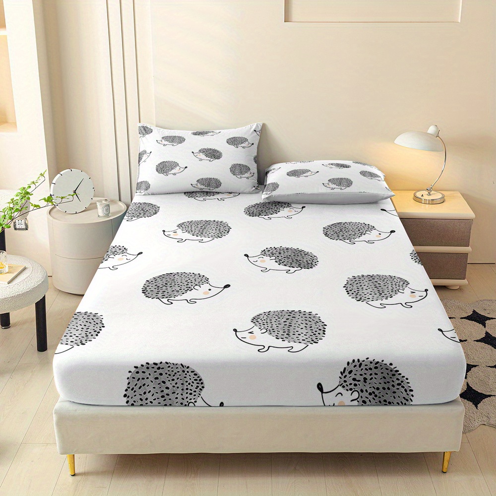TEMU Ensemble de draps-housses 3 pièces avec imprimé de hérisson de dessin , protège-matelas Queen, protège-matelas double, literie Queen, polyester