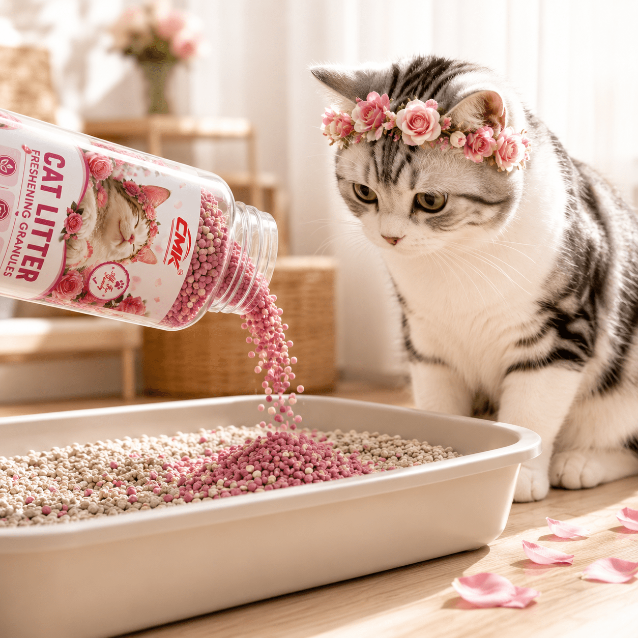 100ml cat litter deodorizing fragrance   suitable for   of all types of litter boxes   a gentle rose     neutralizes litter odors simply sprinkle     litter or mix with cat litter Product details 0