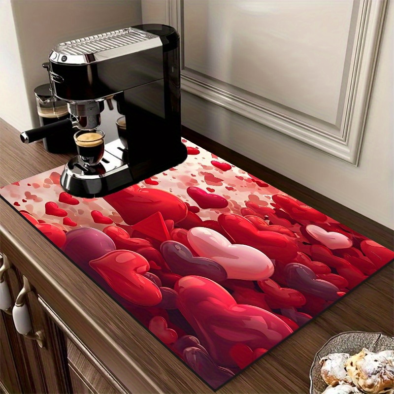 

Valentine's Day Themed Dish Drying Mat - Polyester, Multi-use For Kitchen & Bathroom Countertops, Coffee Machine Absorbent Pad