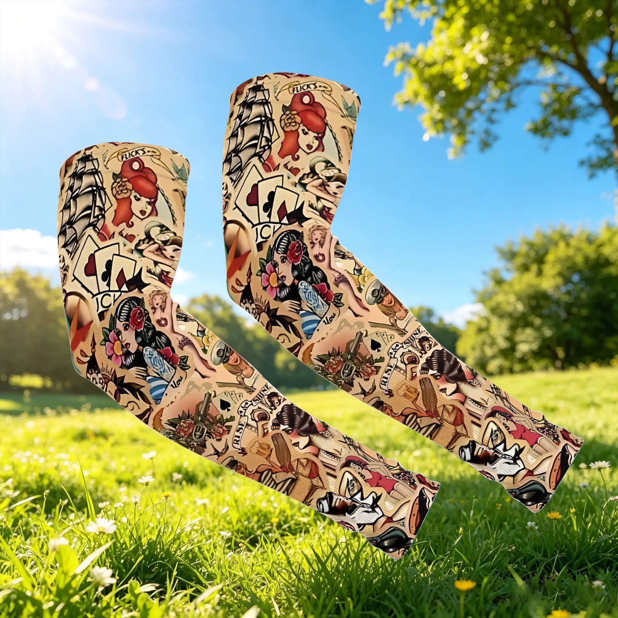 TEMU 1 Pair Old School Tattoo Flash Compression Arm Sleeves Ice Arm Sleeves Unisex, Cooling And Breathable Arm Sleeves For Men And Women, Outdoor And