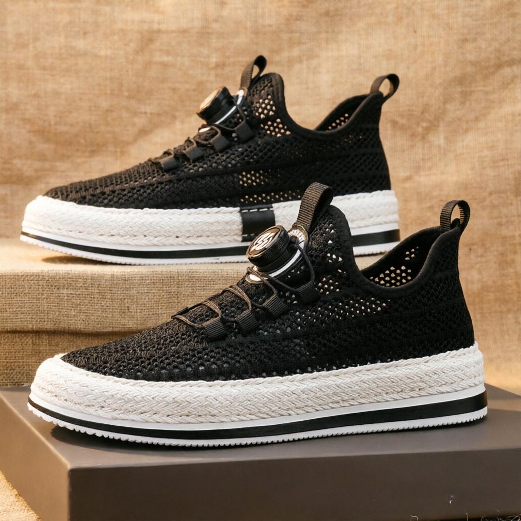 Men's Casual Shoes, Straw Woven Rotating Buckle Fisherman Shoes, Large Mesh Hollow-Out Skate Shoes, Breathable Slip-On Loafers for Men