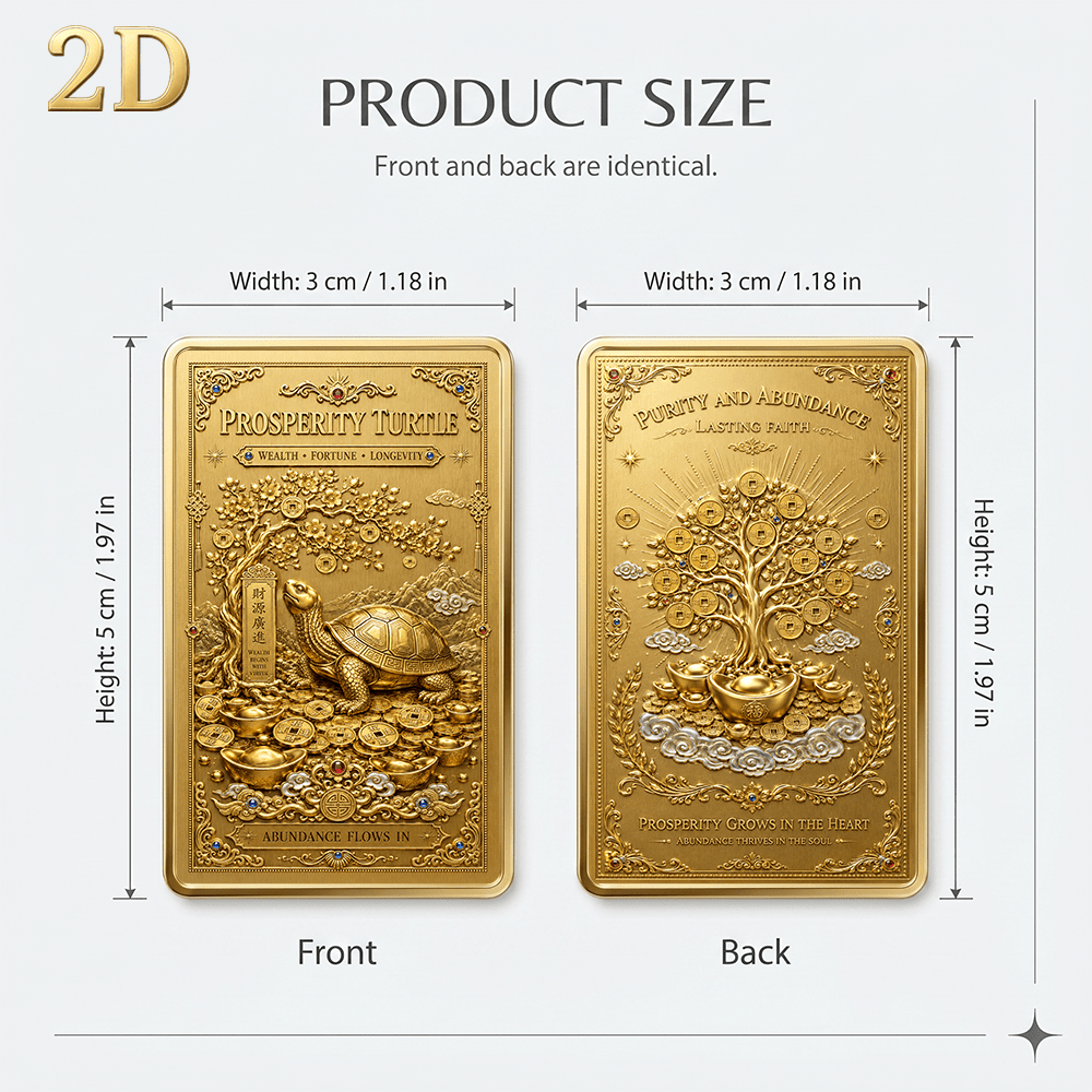 TEMU 1pc, 2d Flat, Golden Rectangular With Rounded Corners Collectible Card, Front Side " Turtle" "wealth • Fortune • " Depicting A Golden And