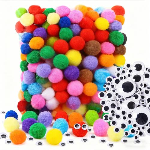 item picture 200pcs 2 5cm assorted pompoms with 100pcs wiggle eyes multicolor arts and crafts pom poms balls diy art decorations jxb