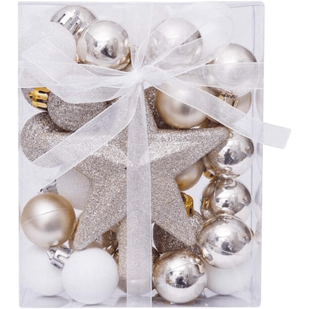 TEMU 30pcs, 3cm/1.2 Inch Mini Christmas Ornament Balls And Tree Topper Star, Champagne And White Plastic Hanging Ornaments, Holiday Pendants, Small