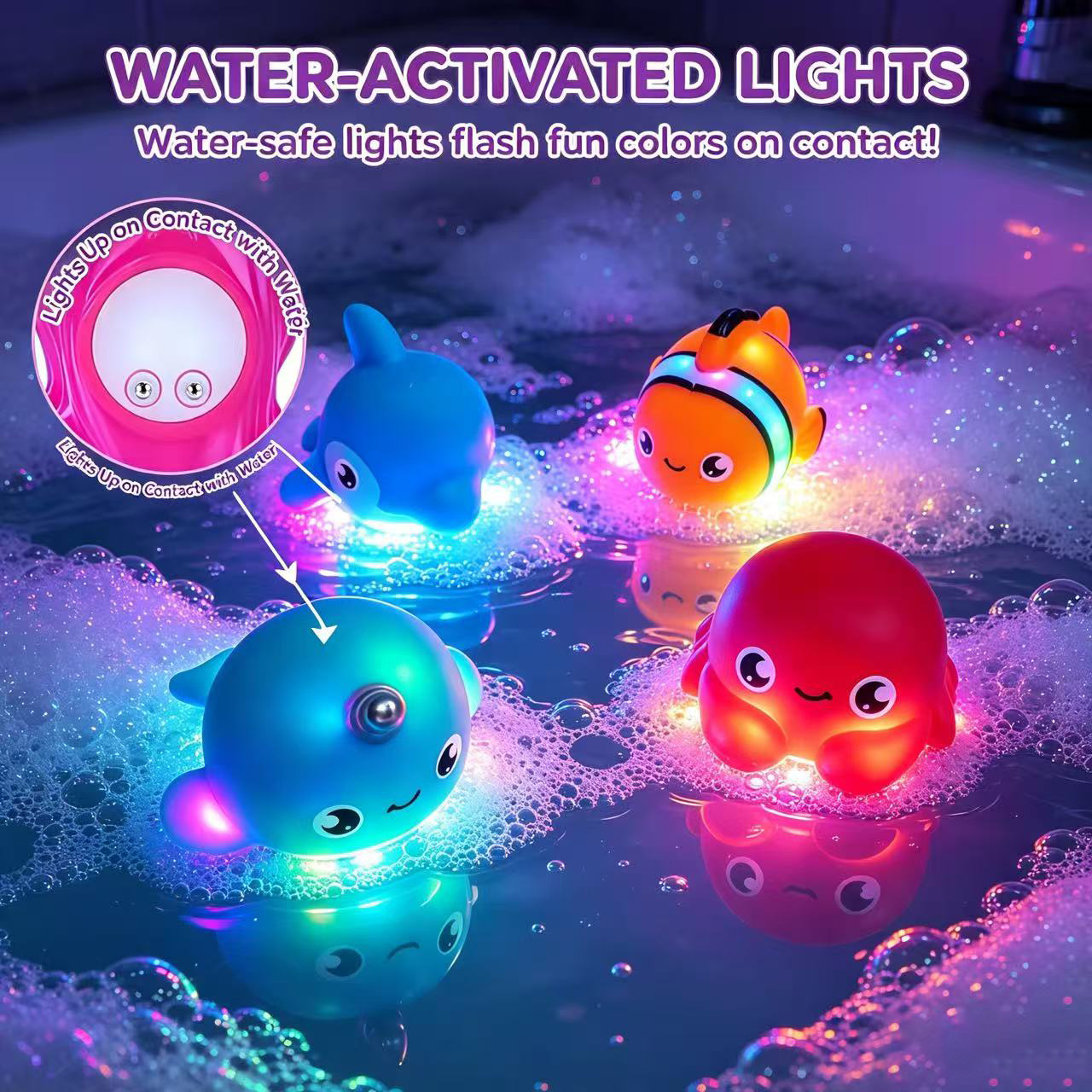 4pcs No-Hole Bath Toys, Light-Up Sea Animals Set