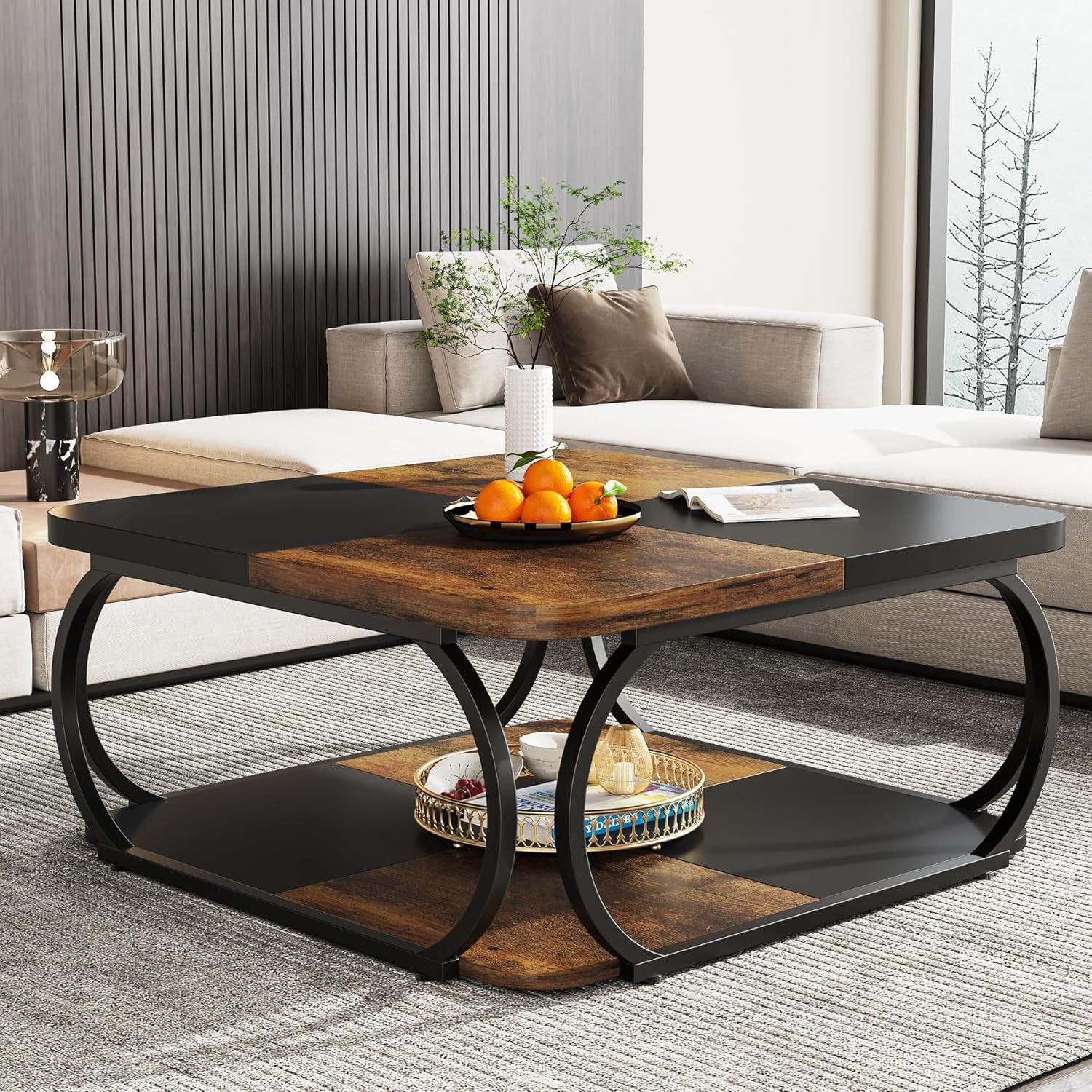 40-inch Low Farmhouse Coffee Table Featuring Design With 2 Levels, A Sturdy Metal Curved Frame, And A Wooden Storage Shelf, Perfect For A Room In Black And Rustic Brown