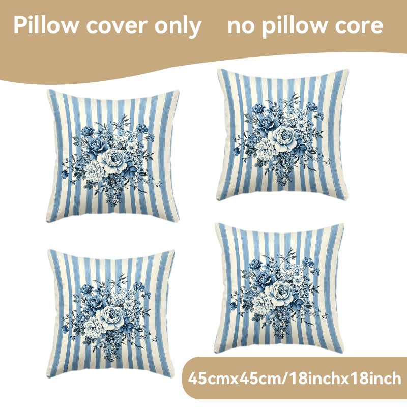TEMU 4pcs Pillowcases, Fresh Pastoral Style Pillow Covers/cushion Covers, Blue And White Floral Stripe Pattern Decorative Pillowcases, Romantic