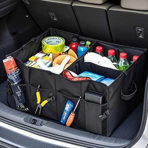 heavy duty 2 compartment car trunk organizer foldable oxford fabric storage with adjustable dividers non slip base compact for suvs sedans durable road trip grocery organizer