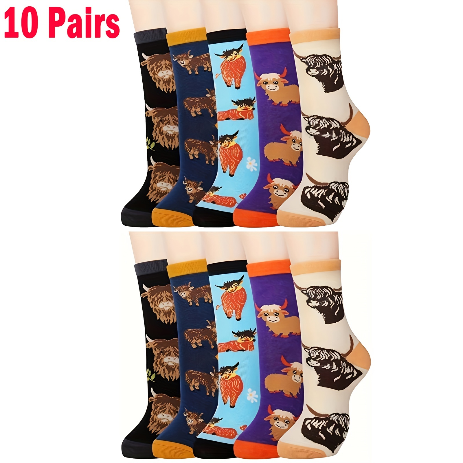 TEMU 5-pair/10-pair Highland Cow Women's Socks, Cute Highland Cow Gifts For Women, Highland Cow Gift Socks For Mother's Day, And Fun Highland Cow