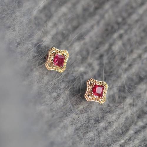 pair of square earrings for women retro french style copper with red gemstone accents lightweight durable studs for daily commuting special occasions