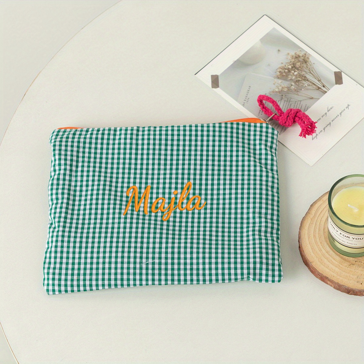 TEMU Personalized Embroidered Gingham Cosmetic Bag, Custom Name Colorblock Makeup Pouch With Zipper, Travel Toiletry Organizer, Wash Bag, Bridesmaid