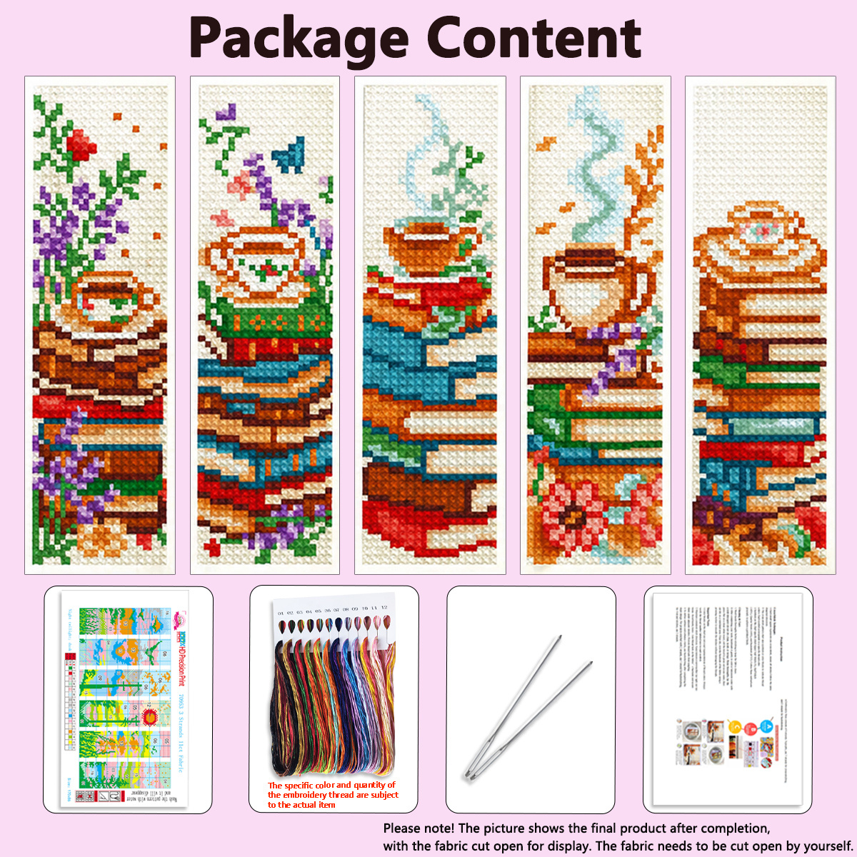TEMU 1 Kit de Point de Croix Imprimé Contenant 5 Marque-pages - Ensemble d'Art Livres et Tasse à Café Thème Thé Floral, Incluant des Livres, des