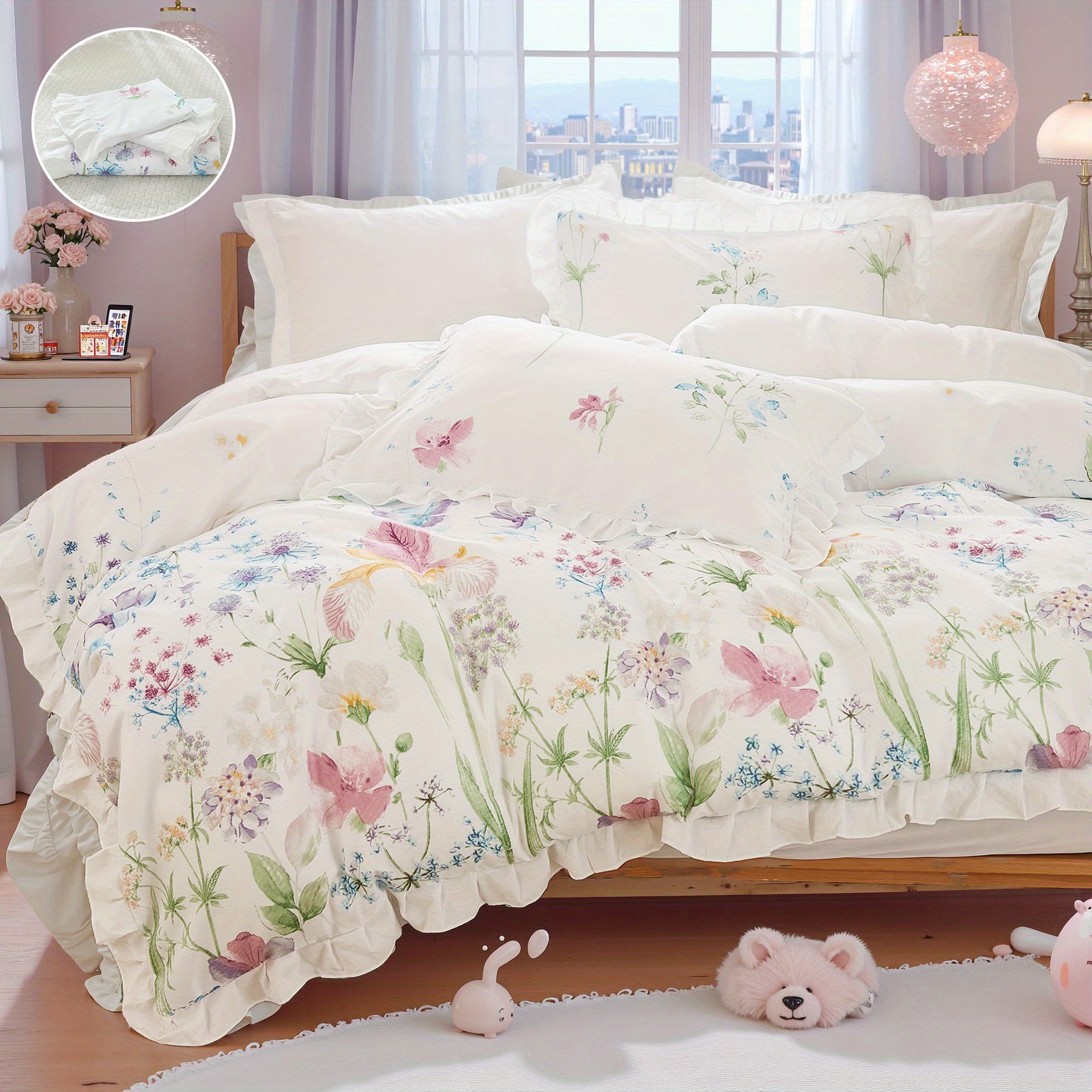 Image of 3pcss 90g April Microfiber Polyester Floral Branches And Leaves With Ruffles Duvet Cover Set, Bedding 3pcs Set, 1pc Duvet Cover And 2pcs Pillowcases, Duvet Cover Set, American Style, 10 Sizes