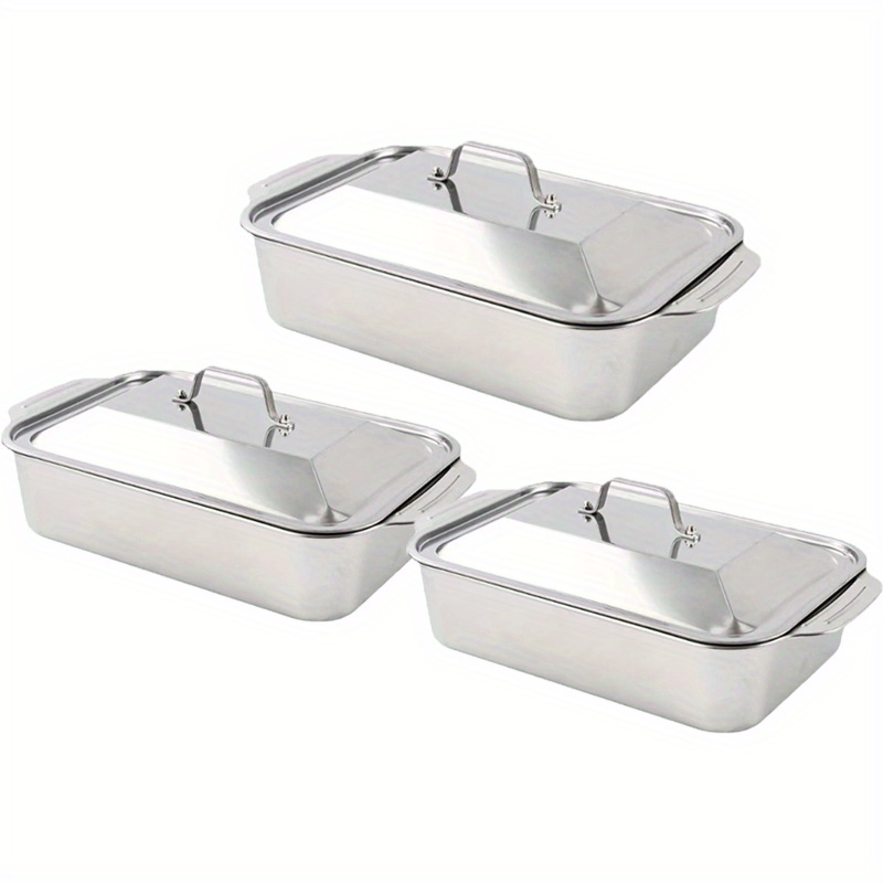 TEMU 2/ 3 Sets Of Stainless Steel Baking Trays With Portable Lids, Large Capacity, Suitable For Family , Barbecues, Bread Desserts, Outdoor Camping