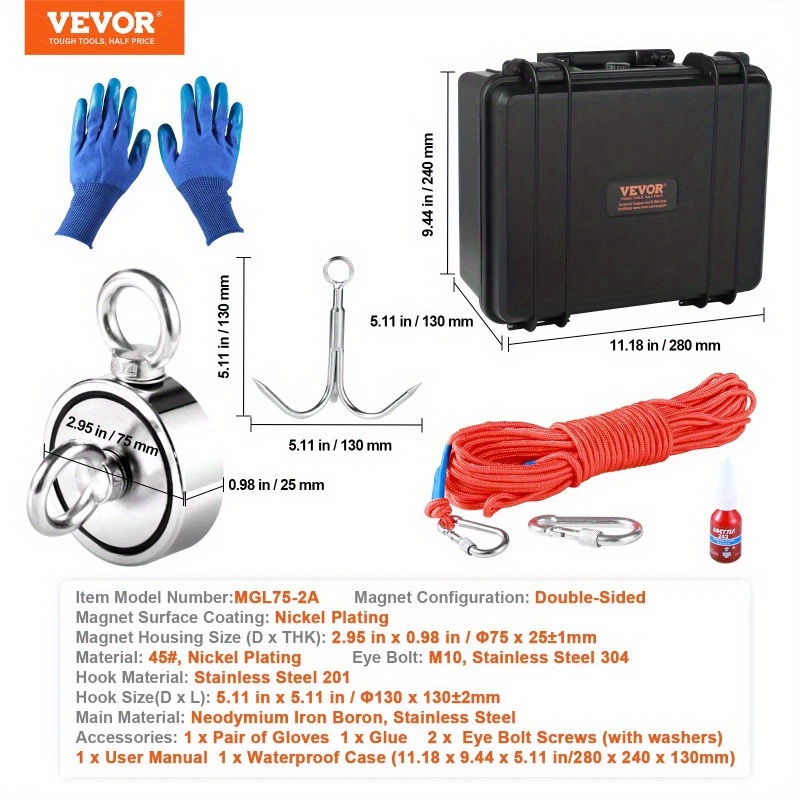   magnet fishing kit 1200lbs 2 95inch diameter double sided fishing magnets strong neodymium magnet with heavy duty 65ft rope grappling hook waterproof case gloves threadlocker eye bolt