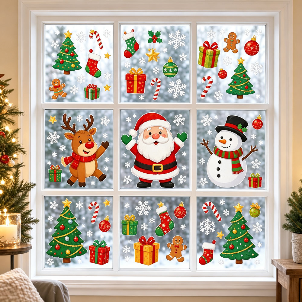 TEMU 94pcs Christmas Window Clings, Merry Christmas And Happy New Year Static Window Stickers With Santa, Snowman, Reindeer, Snowflakes, Candy Canes,