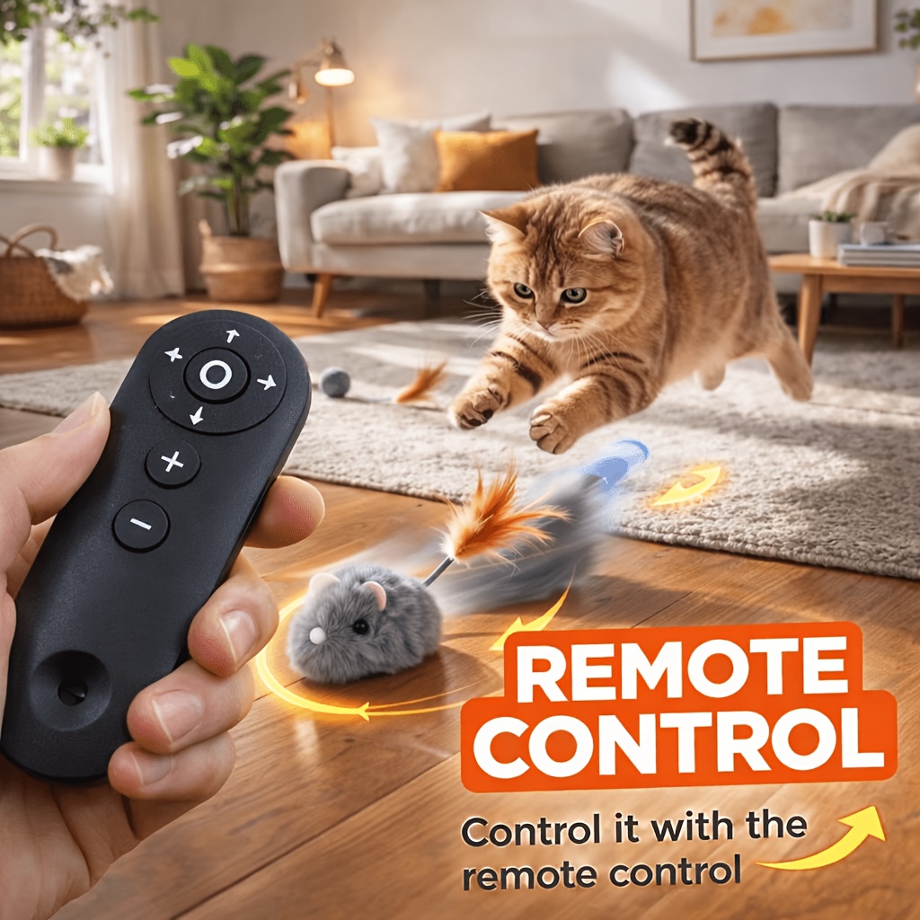 TEMU Interactive Plush Mouse Cat Toy With Remote & Auto Mode - Usb Rechargeable, Settings, Suitable For Indoor Cats Of All Breeds, Plug-and-play