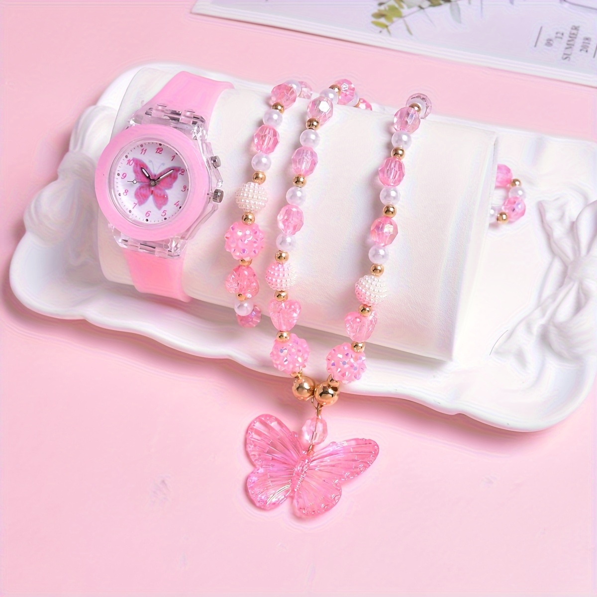 Image of 3pcs Set Of Creative Silicone Strap Quartz Watch For Girls With Luminous Cartoon Student Wristwatch And Luxury Bracelet Necklace Set