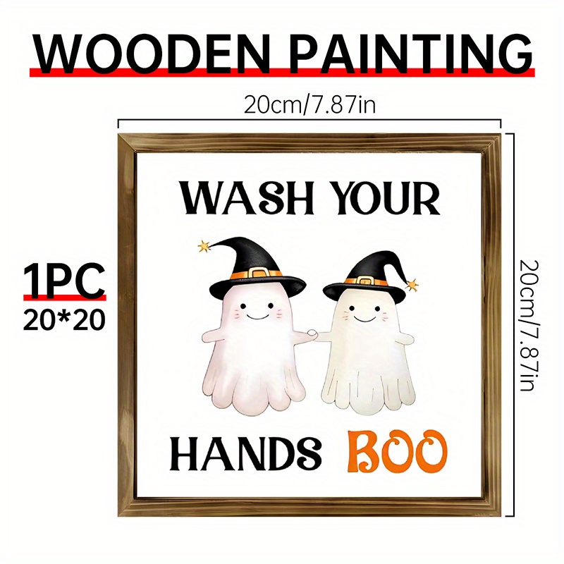 TEMU 1pc Wooden Framed Halloween Handwashing Decor - Cute In Hats Holding Hands With "wash Your Hands Boo" Sign, 20x20cm Rustic Farmhouse Style