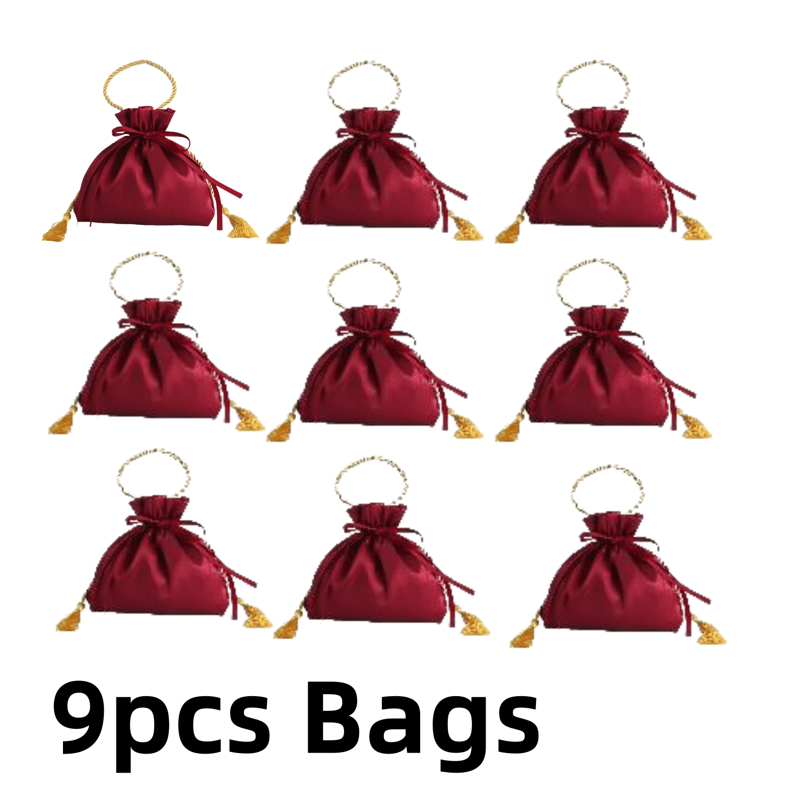 TEMU 9pcs Set Of Bags With Tassels And Drawstrings - Red And Golden Polyester Handbags, Holiday Decor, Party Favors, And Candy Packaging, Ideal For