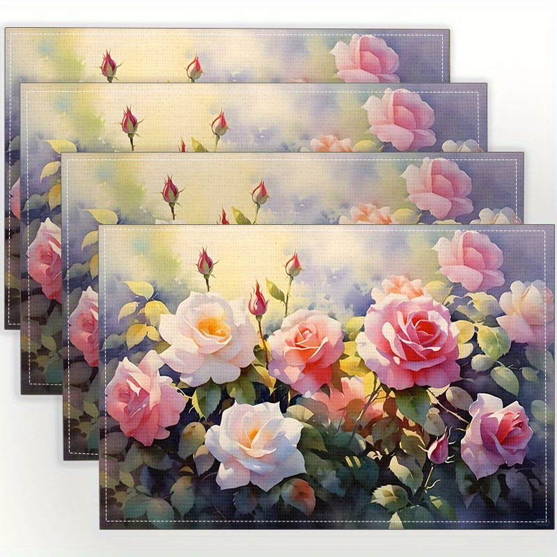 TEMU 4pcs Elegant Rose Placemats- Rectangular Polyester Table Suitable For Dining Table& Coffee Table, Heat-resistant, Hand Wash Only, / Decor,