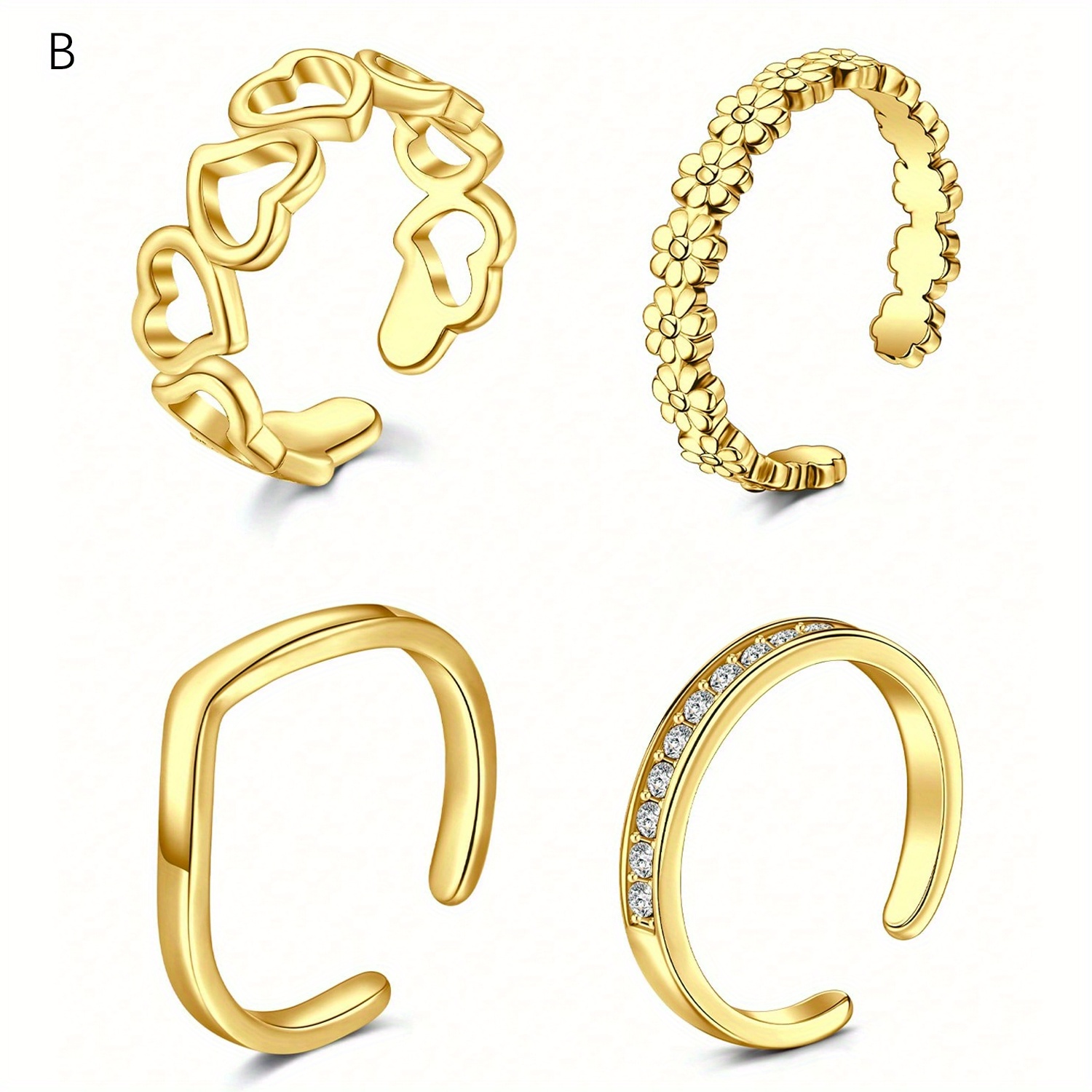 TEMU 4pcs 304 Stainless Steel Ring Pack Set Love Flower Leaves Spot Drill Moon Multi-style Size Adjustable Summer Beach Must-have Fashion Item To