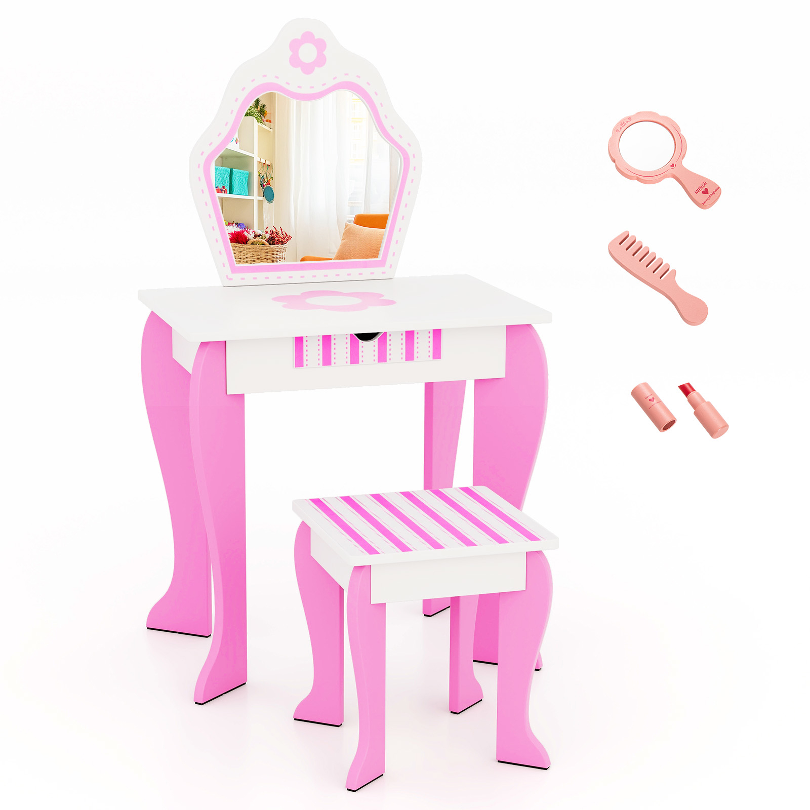Image of Kids Vanity Table And Stool Set, Princess Makeup Dressing Table With Mirror And Drawer, 2-in-1 Vanity Set Writing Desk
