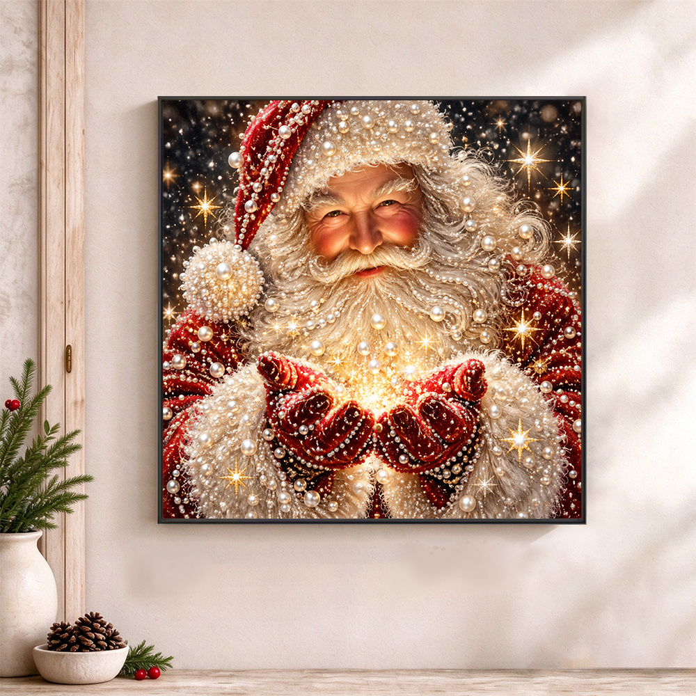 TEMU 1pc 11.81x11.81in Unframed Pearl Diamond Painting Kit, Partial Pearl Drill, Santa Claus Sparkle Christmas Pattern, Wall Art Decor, Holiday