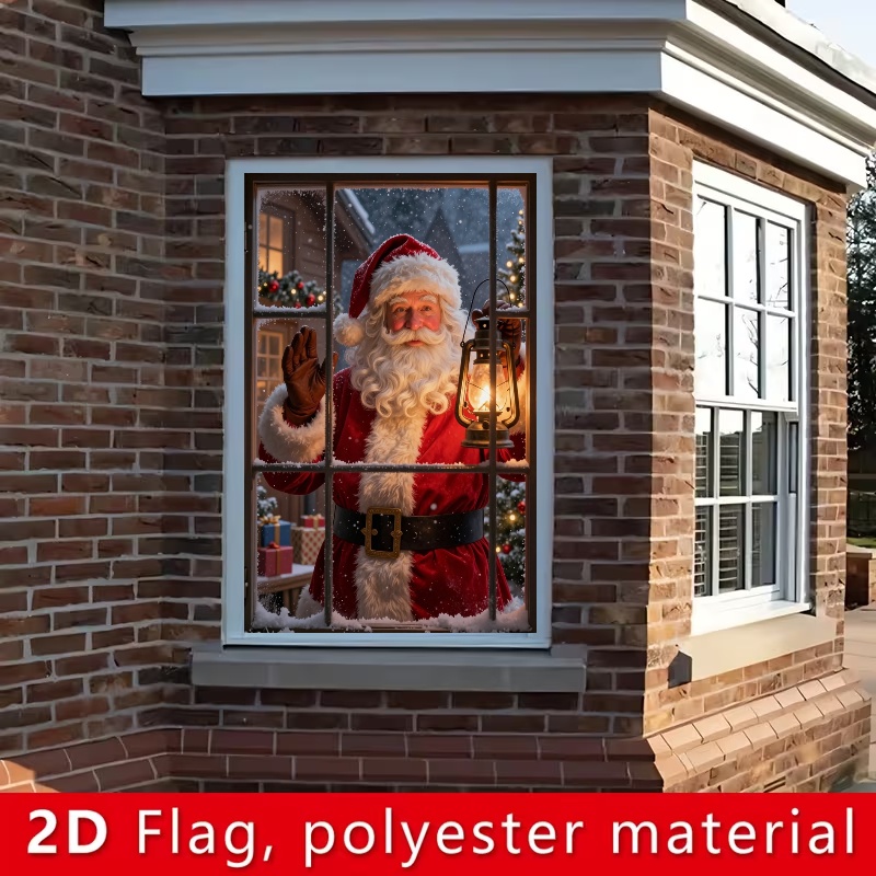 TEMU 2d Flat, 2d Flat 1pc Banner "merry Christmas" Overlay Window Cover Decoration, Hanging Party Banner. Santa Claus Carrying A Lantern Theme. Cozy