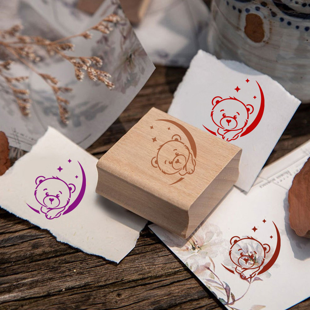 Cute Wooden Rubber Stamp of Little Bear on Crescent Moon