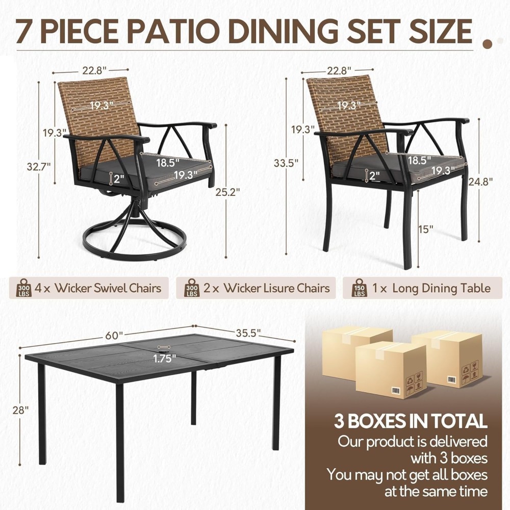 Andehomy 7pcs Patio Dining Set with 6 Chairs And 1 Table, Outdoor Dining Set with 2 Wicker Swivel Patio Dining Chairs with Cushions & Black, Rectangular Woodgrain Metal Dining Table with 1.75