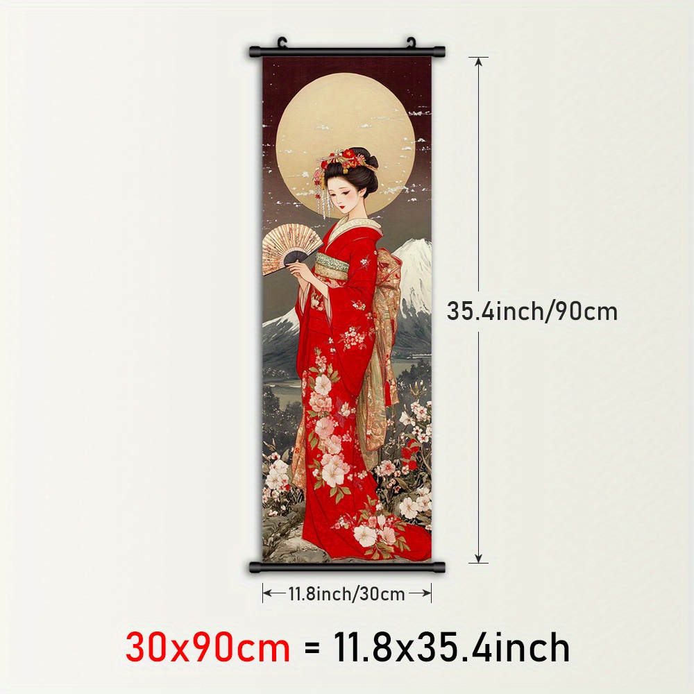 TEMU 1pc Framed Kimono Woman Canvas Wall Art - Traditional Japanese Geisha With Floral Kimono, & Scroll Painting, Plastic Frame Hanger, Vertical