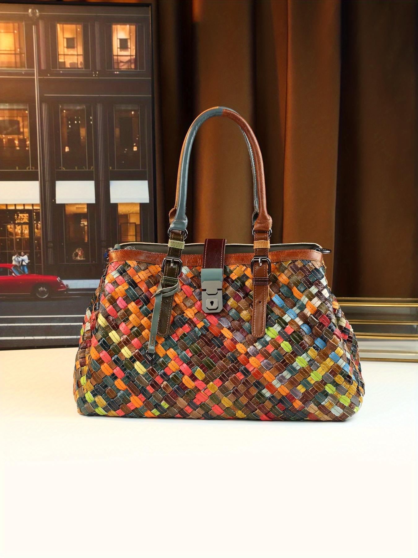 Handbag geometric plaid close up