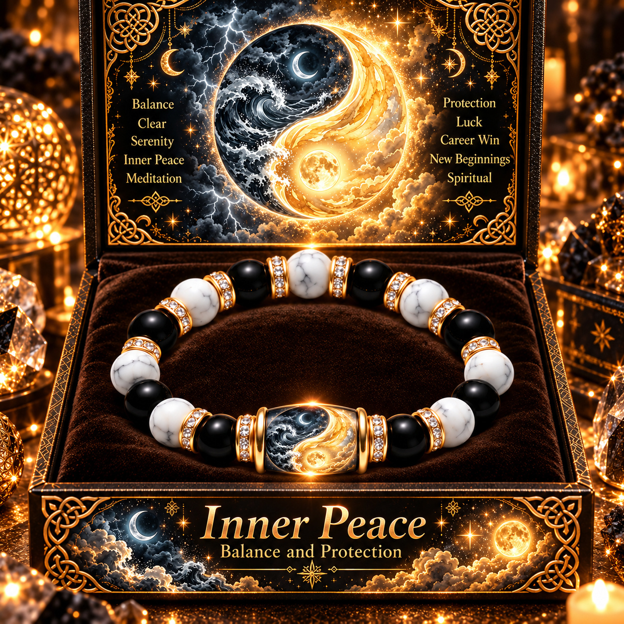 TEMU Tai Chi Yin Beaded Bracelet With White Turquoise, Black Agate, -plated Spacer Beads With, Stretchy Chinese Style Accessory Gift