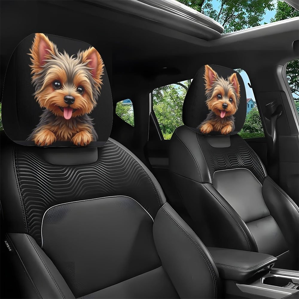 TEMU 2pcs 2d Printing Cute Yorkshire Terrier Pattern Car Headrest Covers, Style Pet Car Neck Pillows, Car Interior Decoration, Universal Style ,