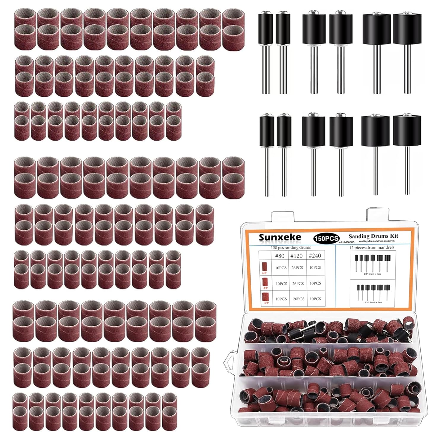 TEMU 150pcs Rotary Tool Sanding Drum Kit, Oxide Sanding Sleeves With Small Three-slot Sanding Rings, Nail Art Grinding Heads, Brown, White, And Black