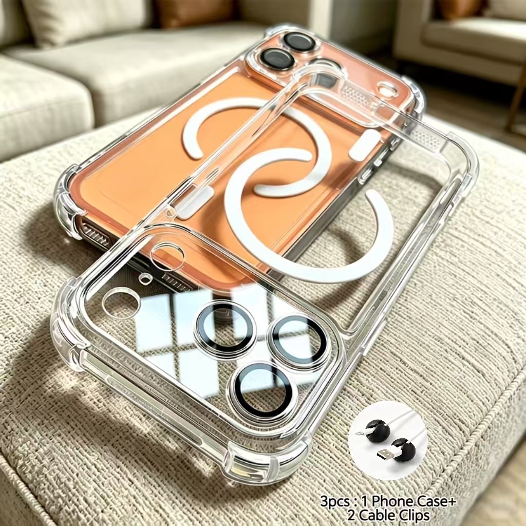 TEMU Phone Case: 3pcs Set: 1 Clear Magnetic Phone Case   2 Cable Clips, Four-corner Anti-drop Shockproof Cover, Full Lens Protection Soft Frame Hard