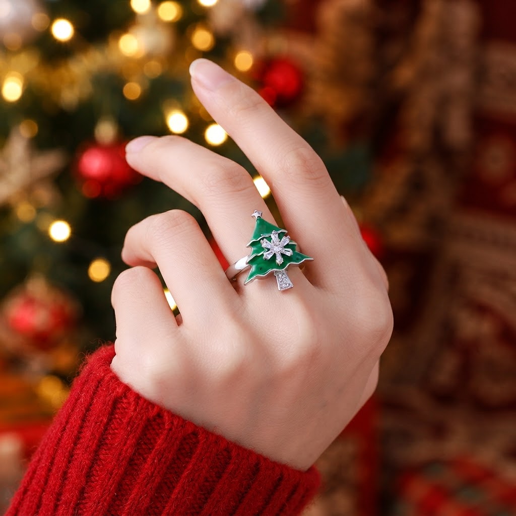 Christmas Tree Open Ring with Snowflake Zirconia, Festive Jewelry