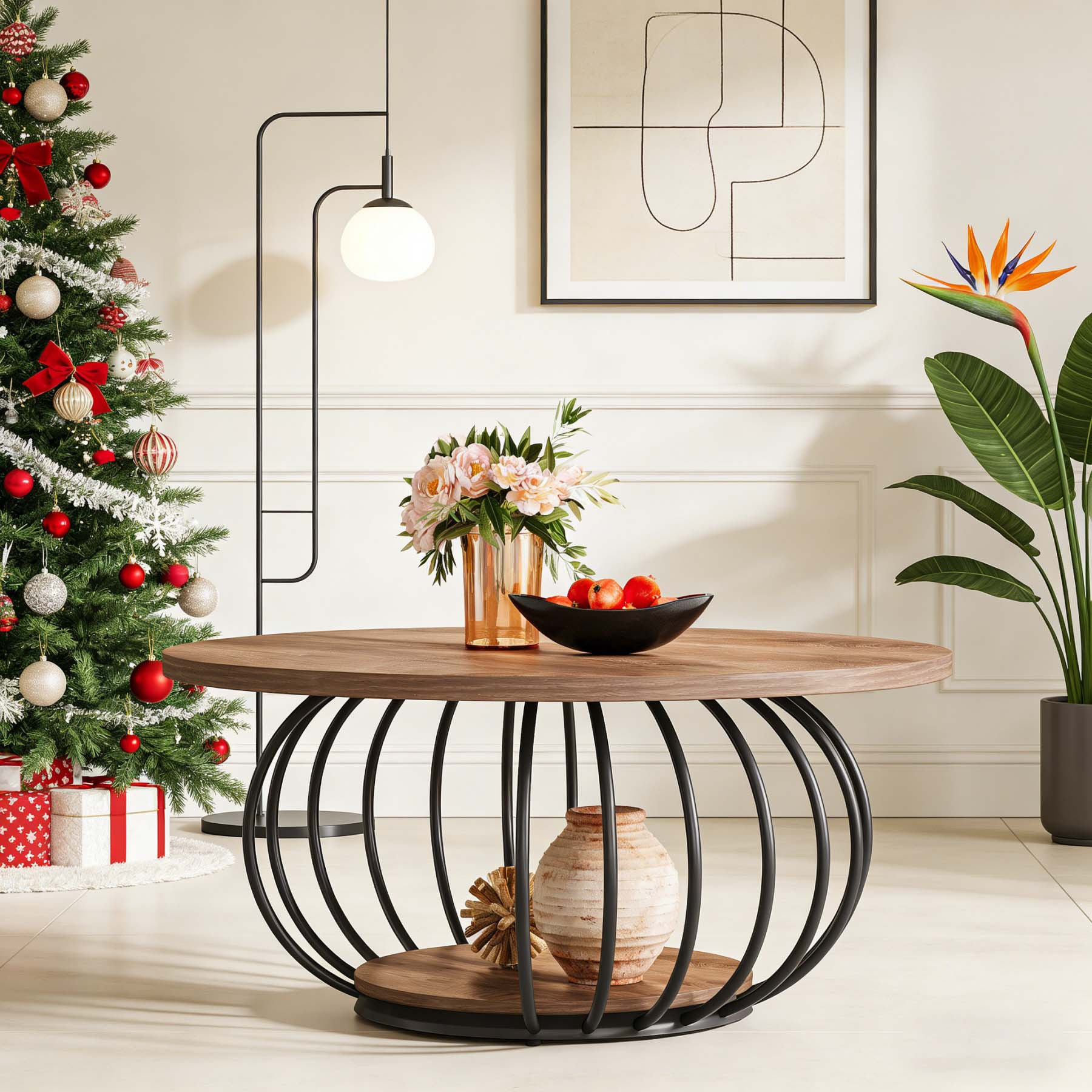 39.4-inch Industrial Wooden 2-tier Circle Accent Center Cocktail Table With Storage Shelf And Metal Frame, Round Coffee Table For Living Room, Rustic
