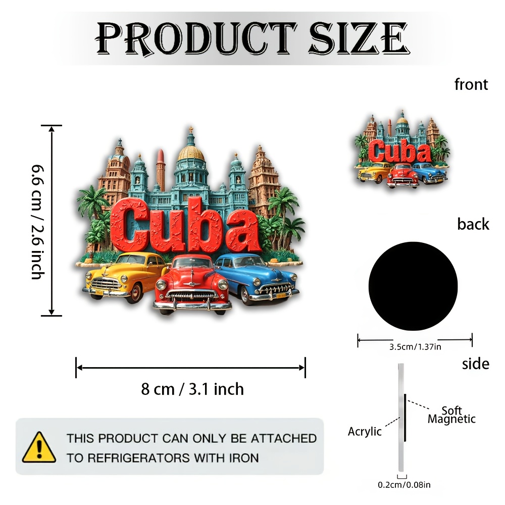 TEMU 1pc Cuba Magnet | Vintage Cuba Sticker With Classic Car, Refrigerator Magnetic Base, Souvenir - Cuba Building And Palm , Office Decoration,