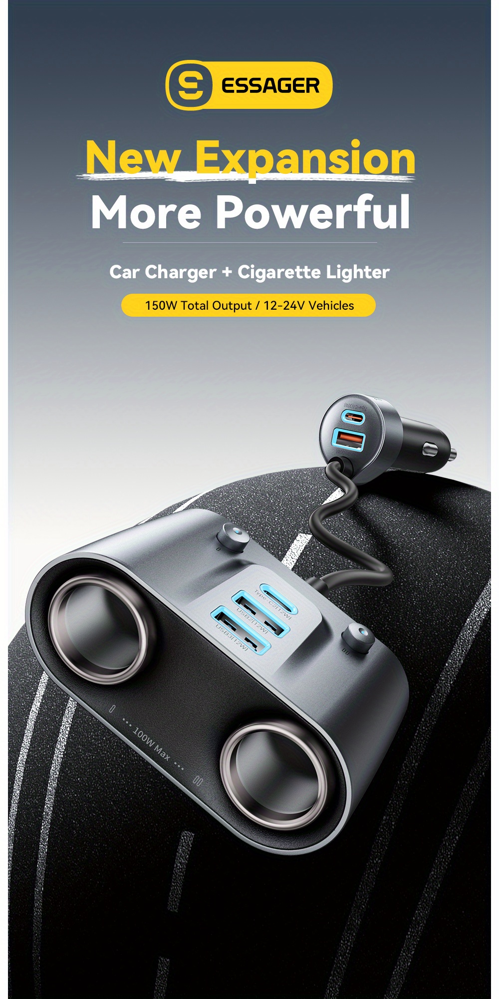 car cigarette lighter 100w 12V/24V SuperFast Car Charger Works in All vehicles cameras and GPS devices SEAMETAL 100W Car USB Charger
