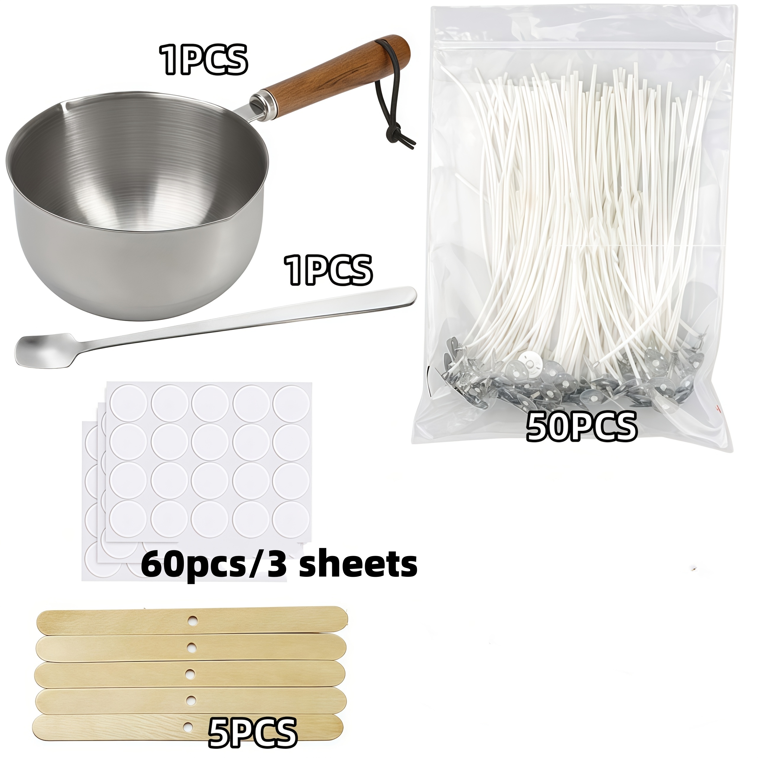 TEMU Wax Wax Making Kit, Including 300ml Wooden Handle Stainless Steel Pot And 1pc Spoon, 60pcs Wax Heart Stickers, 50pcs Wicks, 5pcs Wooden Holders,