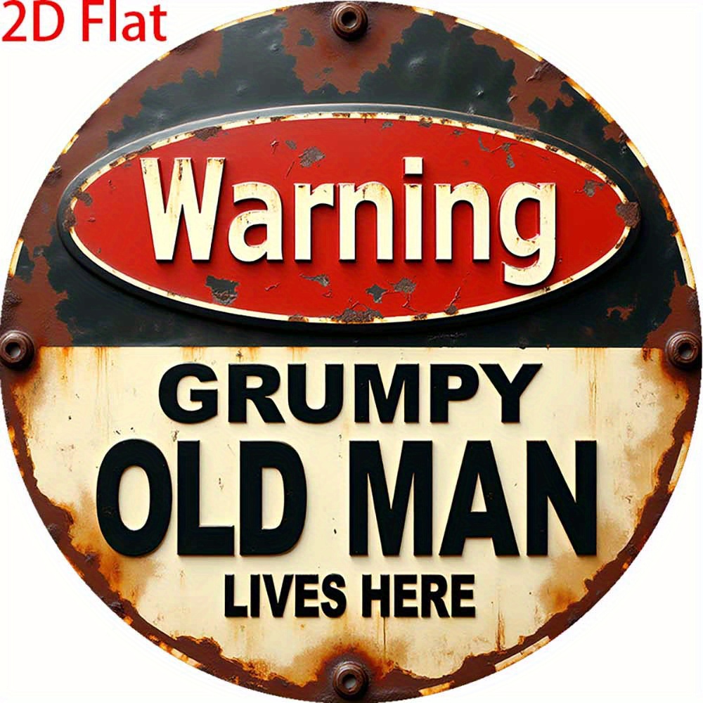 TEMU 2D Plat, "Waarschuwing: Woont Een Chagrijnige Man" Humoristisch Metalen Wandbord - Vintage Verweerd Rond Aluminium Geschikt voor Thuis, Keuken,