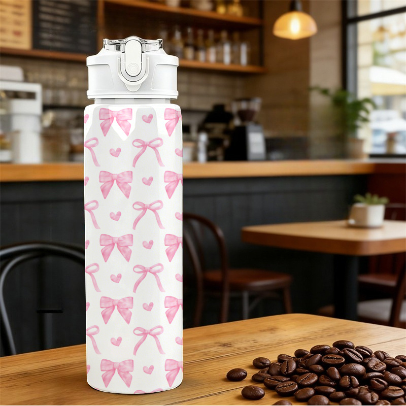 TEMU Bouteille d'eau avec couvercles 750 ml 25 oz, bouteille à en plastique, motif imprimé 2D intégral, couvercle à paille à , motif répétitif de