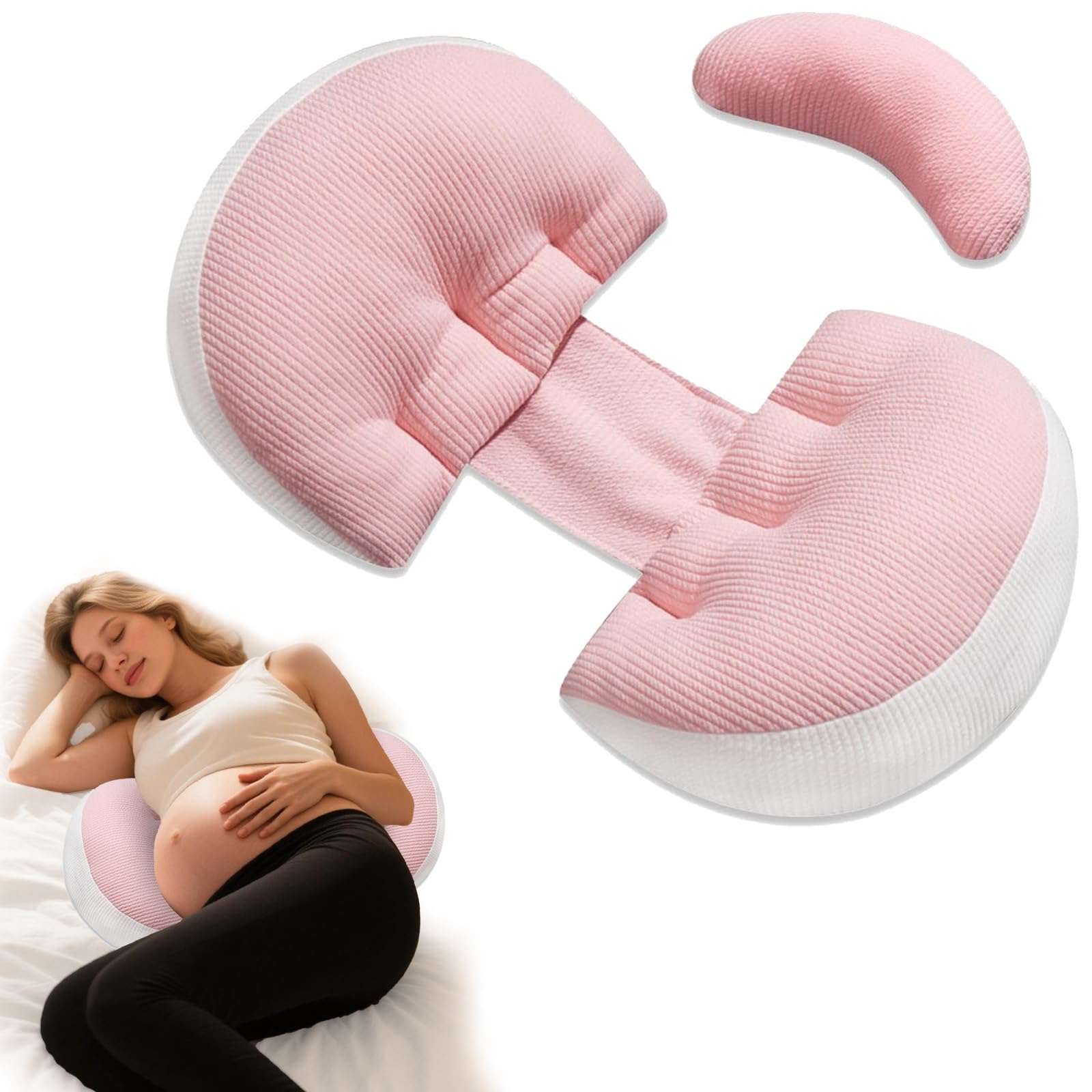 Pink U-shaped Pregnancy Pillow Providing Lumbar And Abdominal Support, Featuring An Adjustable, Removable, And Washable Cover