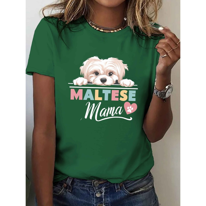 

1pc Women's Mama Graphic T-shirt, Casual Crew Neck, Polyester Top With Geometric Dog Print, Regular